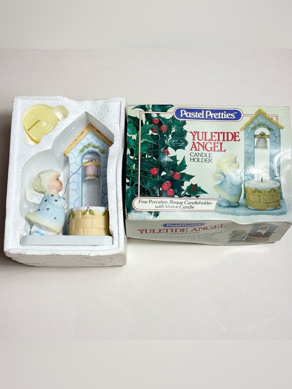NOS Vintage Porcelain Bisque Christmas Angel Figurine Votive Candle Holder 1983
